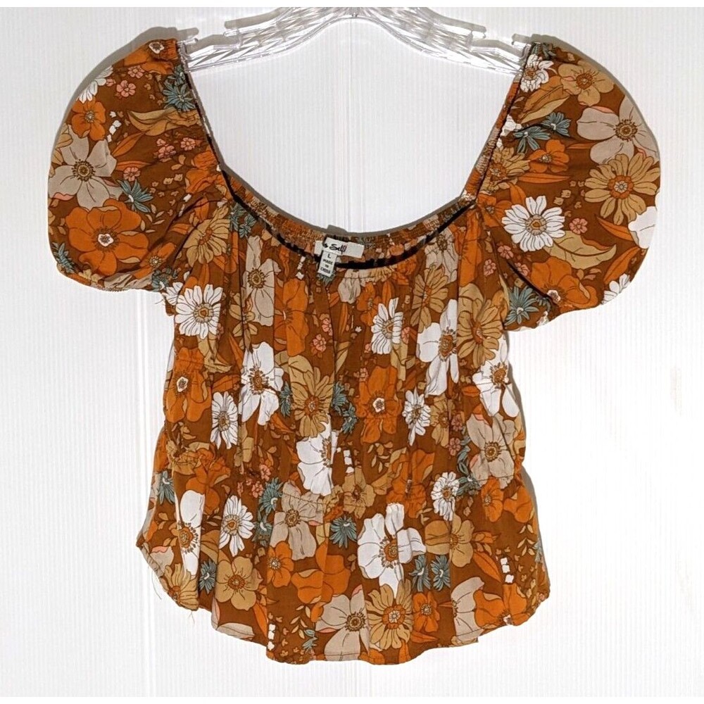 Miss Selfie Top Boho Peasant Orange & Tan Floral Size Large
